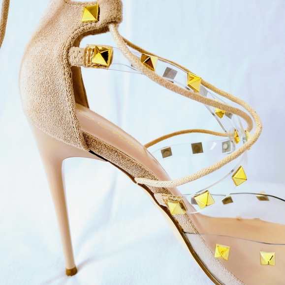 Beige Lucite Lace Up Heels - Picture 2 of 5